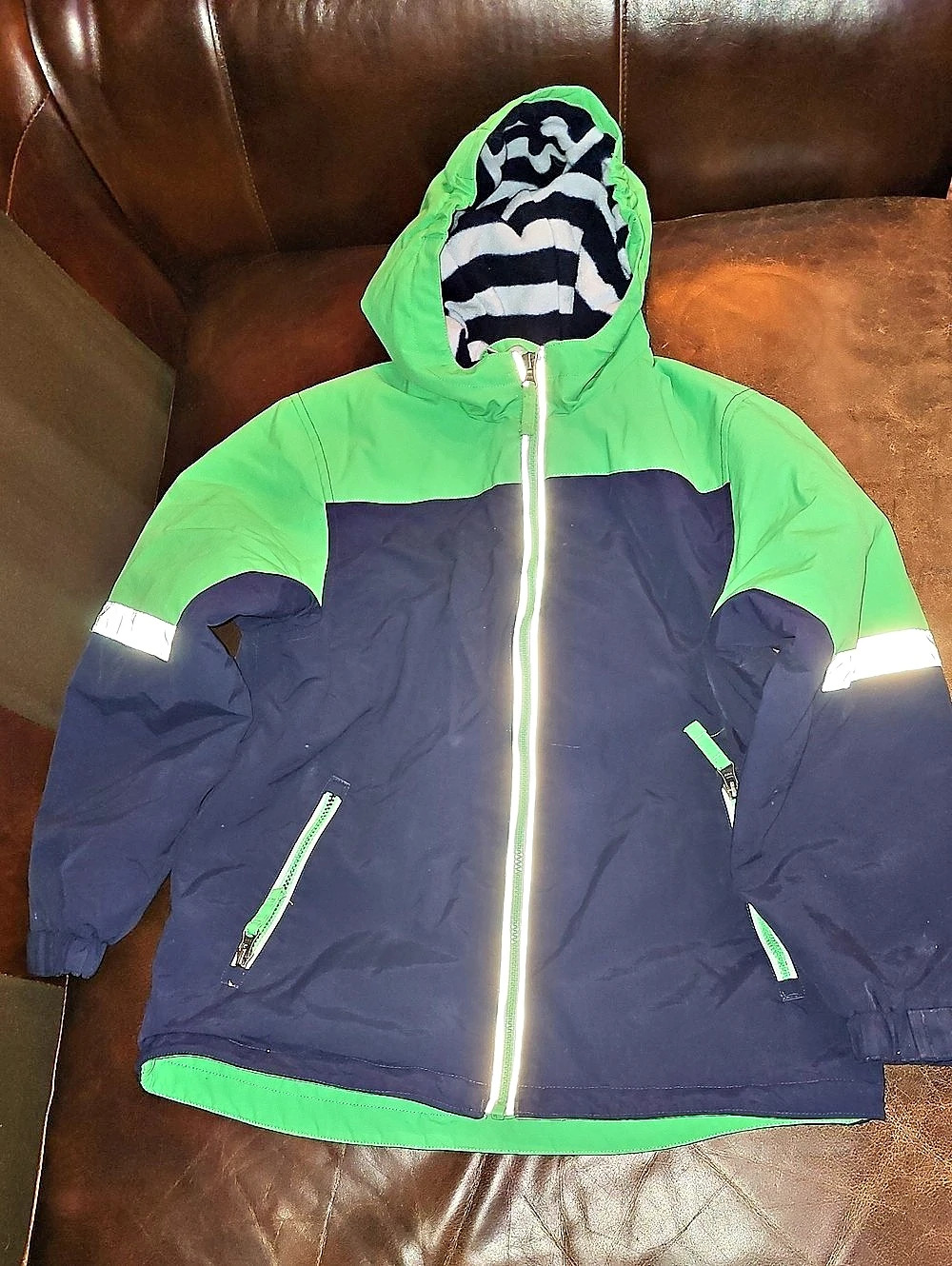 Hanna Andersson Kids Color Block Light Winter Rain Jacket Green & Blue Size 140